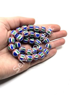 El Yapımı Afrika Chevron Dizi Cam Boncuk Yeşil-Lacivert 12-13 mm