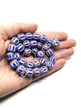 El Yapımı Afrika Chevron Dizi Cam Boncuk Lacivert-Kırmızı 12-13 mm