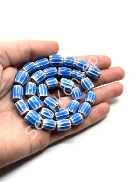 El Yapımı Afrika Chevron Dizi Cam Boncuk Mavi-Beyaz 10x12 mm