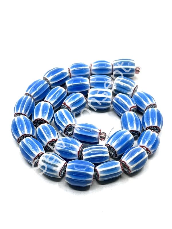El Yapımı Afrika Chevron Dizi Cam Boncuk Mavi-Beyaz 10x12 mm