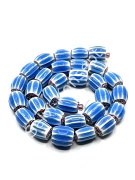 El Yapımı Afrika Chevron Dizi Cam Boncuk Mavi-Beyaz 10x12 mm
