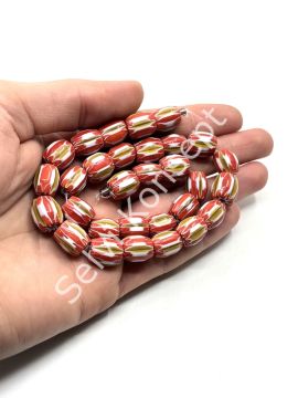 El Yapımı Afrika Chevron Dizi Cam Boncuk Kırmızı-Kahverengi 10x12 mm