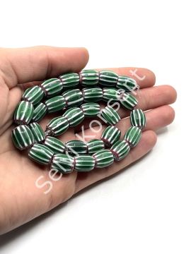El Yapımı Afrika Chevron Dizi Cam Boncuk Yeşil-Beyaz 10x12 mm