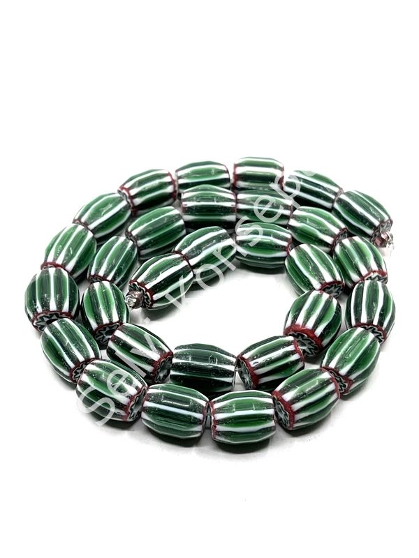 El Yapımı Afrika Chevron Dizi Cam Boncuk Yeşil-Beyaz 10x12 mm