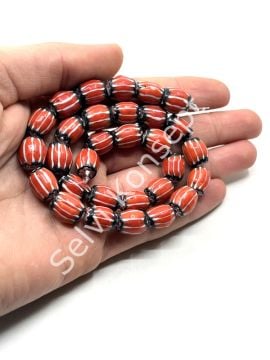 El Yapımı Afrika Chevron Dizi Cam Boncuk Kırmızı-Beyaz 10x12 mm