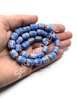 El Yapımı Afrika Chevron Dizi Cam Boncuk Mavi-Kırmızı 10x12 mm