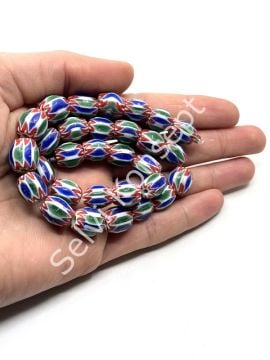 El Yapımı Afrika Chevron Dizi Cam Boncuk Yeşil-Lacivert 10x12 mm