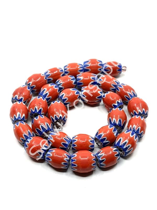 El Yapımı Afrika Chevron Dizi Cam Boncuk Kırmızı-Lacivert 10x12 mm