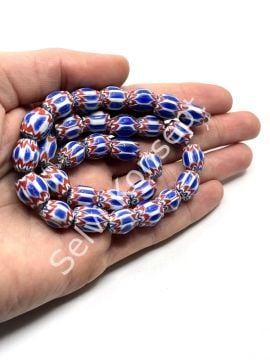 El Yapımı Afrika Chevron Dizi Cam Boncuk Lacivert-Kırmızı 10x12 mm