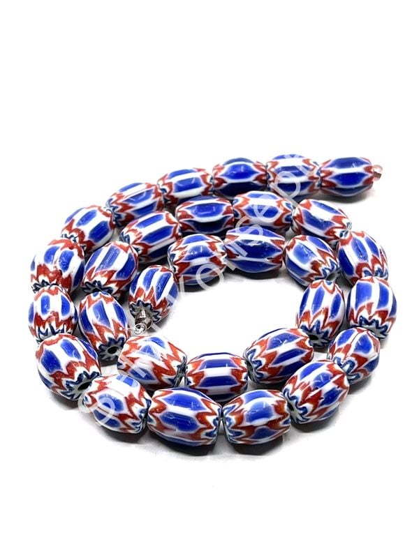 El Yapımı Afrika Chevron Dizi Cam Boncuk Lacivert-Kırmızı 10x12 mm