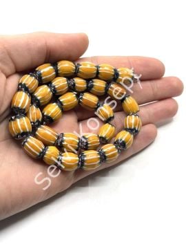 El Yapımı Afrika Chevron Dizi Cam Boncuk Hardal-Beyaz 10x12 mm