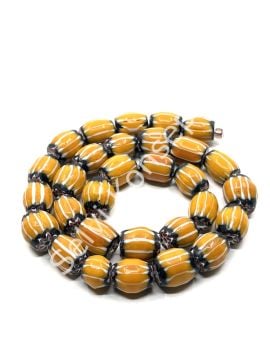 El Yapımı Afrika Chevron Dizi Cam Boncuk Hardal-Beyaz 10x12 mm