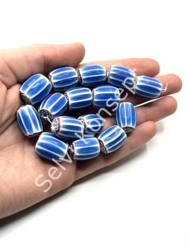 El Yapımı Afrika Chevron Dizi Cam Boncuk Mavi-Beyaz 14x18 mm