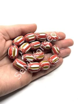 El Yapımı Afrika Chevron Dizi Cam Boncuk Kırmızı-Kahverengi 14x18 mm