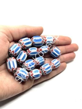 El Yapımı Afrika Chevron Dizi Cam Boncuk A.Mavi-Kırmızı 14x18 mm