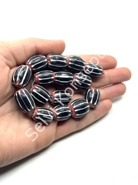 El Yapımı Afrika Chevron Dizi Cam Boncuk Siyah-Beyaz 14x18 mm