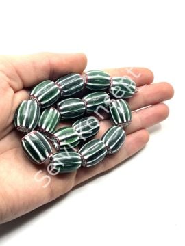 El Yapımı Afrika Chevron Dizi Cam Boncuk Yeşil-Beyaz 14x18 mm