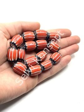 El Yapımı Afrika Chevron Dizi Cam Boncuk Kırmızı-Beyaz 14x18 mm