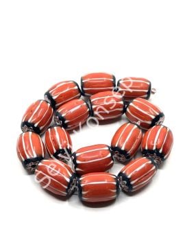 El Yapımı Afrika Chevron Dizi Cam Boncuk Kırmızı-Beyaz 14x18 mm