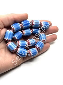 El Yapımı Afrika Chevron Dizi Cam Boncuk Mavi-Kırmızı 14x18 mm
