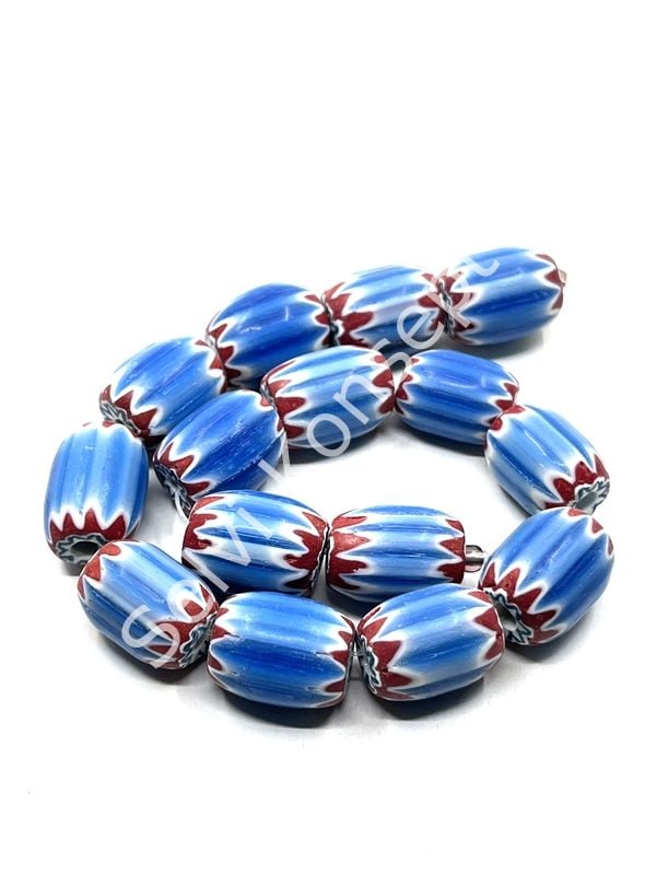 El Yapımı Afrika Chevron Dizi Cam Boncuk Mavi-Kırmızı 14x18 mm