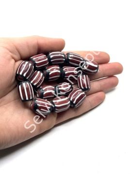 El Yapımı Afrika Chevron Dizi Cam Boncuk Kahverengi-Beyaz 14x18 mm