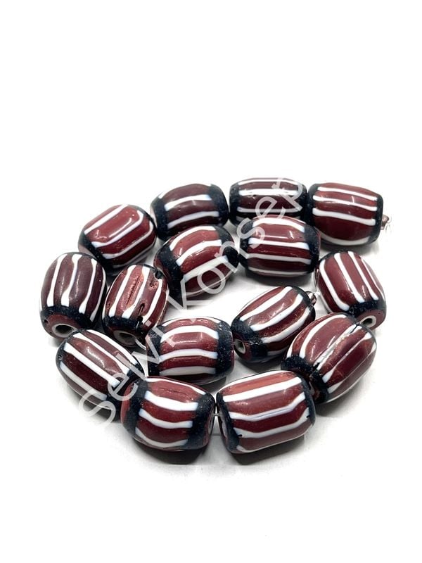El Yapımı Afrika Chevron Dizi Cam Boncuk Kahverengi-Beyaz 14x18 mm