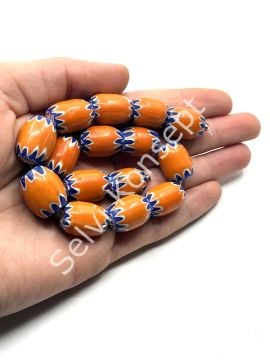 El Yapımı Afrika Chevron Dizi Cam Boncuk Turuncu-Lacivert 14x18 mm