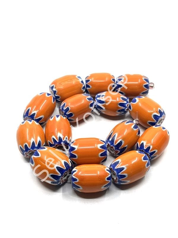 El Yapımı Afrika Chevron Dizi Cam Boncuk Turuncu-Lacivert 14x18 mm