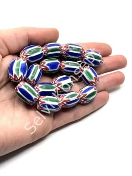 El Yapımı Afrika Chevron Dizi Cam Boncuk Yeşil-Lacivert 14x18 mm