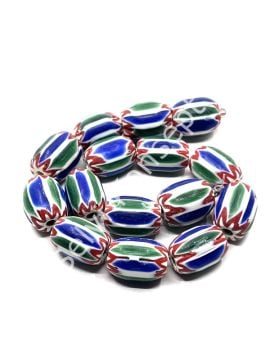 El Yapımı Afrika Chevron Dizi Cam Boncuk Yeşil-Lacivert 14x18 mm