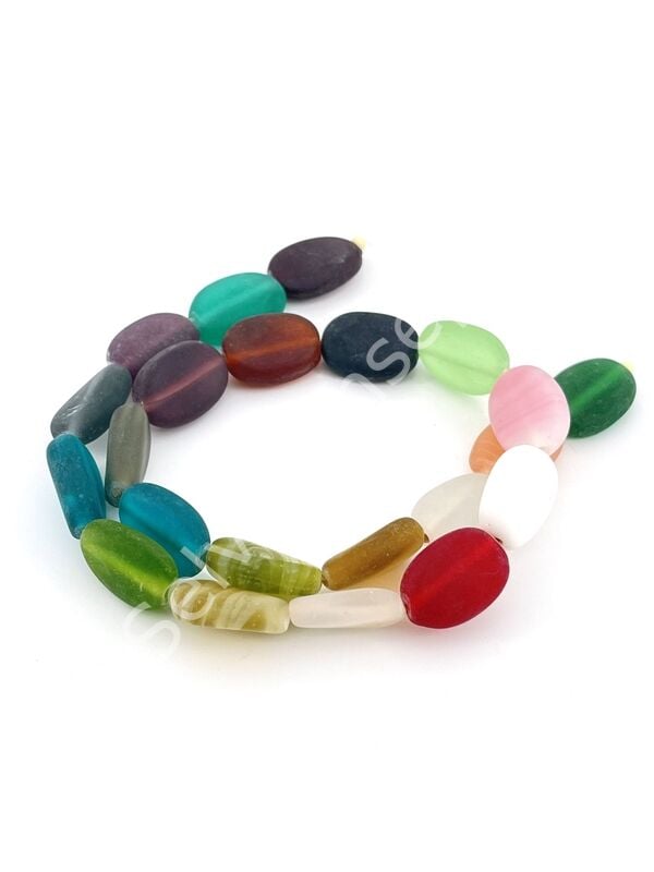 Yassı Oval Buzlu Cam Boncuk Karışık Renkli 12x18 mm 1 Dizi 22 Adet