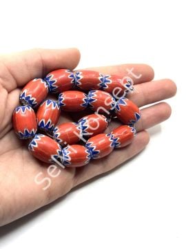 El Yapımı Afrika Chevron Dizi Cam Boncuk Kırmızı-Lacivert 14x18 mm