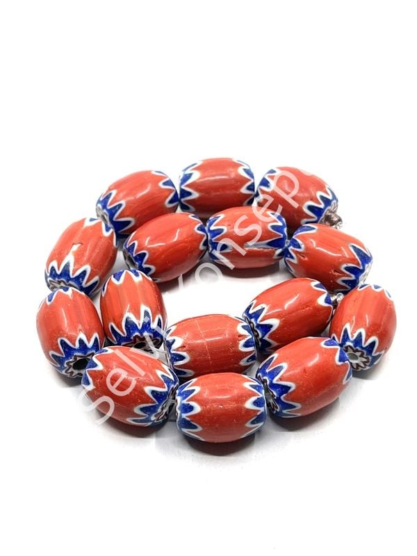 El Yapımı Afrika Chevron Dizi Cam Boncuk Kırmızı-Lacivert 14x18 mm