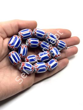 El Yapımı Afrika Chevron Dizi Cam Boncuk Lacivert-Kırmızı 14x18 mm