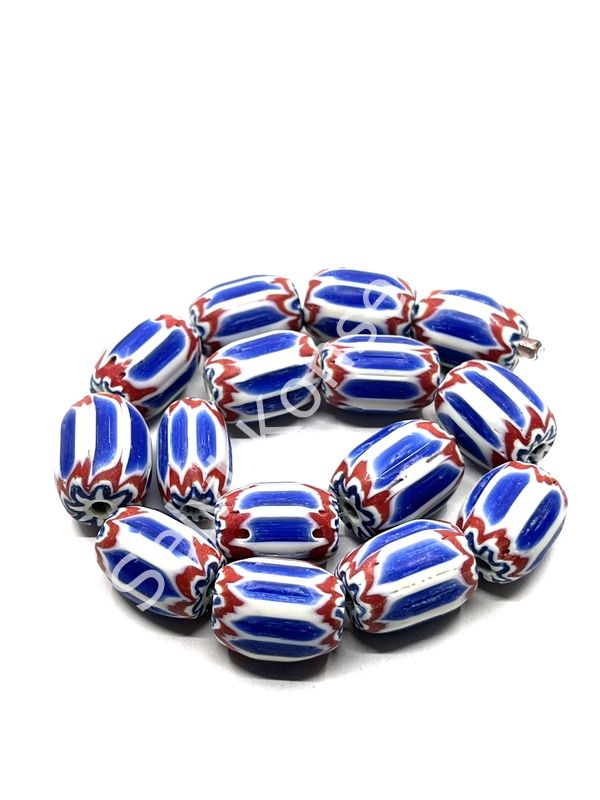 El Yapımı Afrika Chevron Dizi Cam Boncuk Lacivert-Kırmızı 14x18 mm