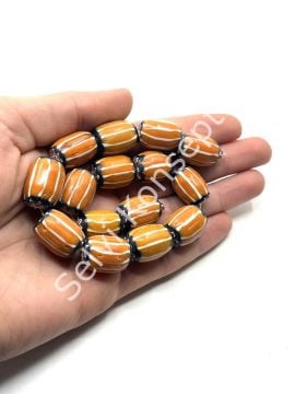 El Yapımı Afrika Chevron Dizi Cam Boncuk Hardal-Beyaz 14x18 mm