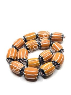 El Yapımı Afrika Chevron Dizi Cam Boncuk Hardal-Beyaz 14x18 mm