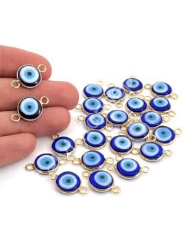 Pirinç Üzeri Altın Kaplama Çift Kulplu Lacivert Murano Nazar Boncuğu 12 mm 10 Adet