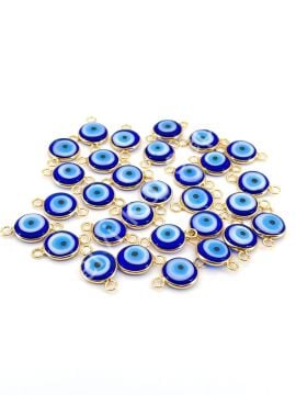 Pirinç Üzeri Altın Kaplama Çift Kulplu Lacivert Murano Nazar Boncuğu 12 mm 10 Adet