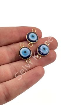 Pirinç Üzeri Altın Kaplama Çift Kulplu Lacivert Murano Nazar Boncuğu 12 mm 10 Adet