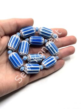 El Yapımı Afrika Chevron Dizi Cam Boncuk Mavi-Beyaz 14x24 mm