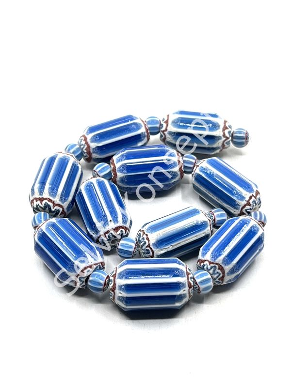 El Yapımı Afrika Chevron Dizi Cam Boncuk Mavi-Beyaz 14x24 mm