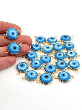 Pirinç Üzeri Altın Kaplama Çift Kulplu Mavi Murano Nazar Boncuğu 15 mm 10 Adet
