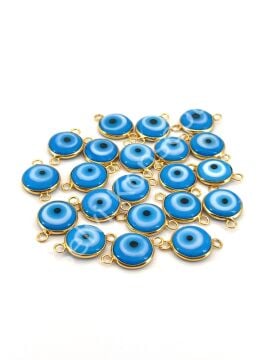 Pirinç Üzeri Altın Kaplama Çift Kulplu Mavi Murano Nazar Boncuğu 15 mm 10 Adet