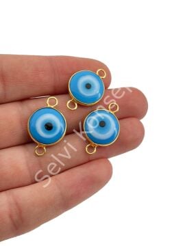 Pirinç Üzeri Altın Kaplama Çift Kulplu Mavi Murano Nazar Boncuğu 15 mm 10 Adet