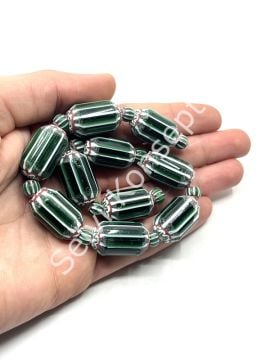 El Yapımı Afrika Chevron Dizi Cam Boncuk Yeşil-Beyaz 14x24 mm