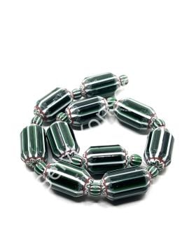 El Yapımı Afrika Chevron Dizi Cam Boncuk Yeşil-Beyaz 14x24 mm