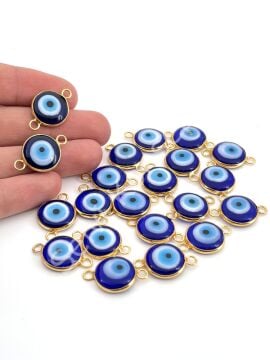 Pirinç Üzeri Altın Kaplama Çift Kulplu Lacivert Murano Nazar Boncuğu 15 mm 10 Adet