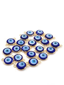 Pirinç Üzeri Altın Kaplama Çift Kulplu Lacivert Murano Nazar Boncuğu 15 mm 10 Adet